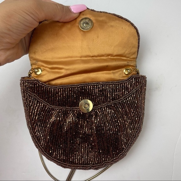 Vintage GENIE Beaded Purse Brown Evening Crossbody Bag HONG KONG HandMade - Picture 5 of 6